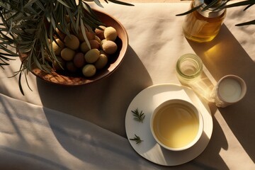  a bowl of olives next to a cup of tea and a bowl of olives on a tablecloth with a pot of olives next to the bowl of olives.