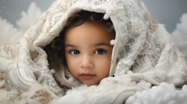 Cute baby in a cozy blanket photo, sleeping. stock photo