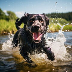 Portrait of a dog running in the water and splashing