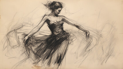 Black charcoal pencil drawing of a young active ballet dancing lady in white background with live performance 