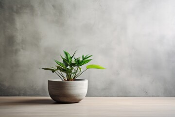  a potted plant sitting on top of a wooden table next to a gray wall and a white vase with a green plant in it on top of a wooden table.