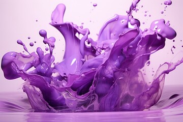  a close up of a purple liquid splashing into the water on a white surface with a light pink back ground and a light pink back ground and white background.