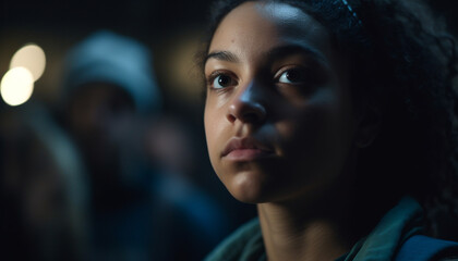 Young adults looking at camera, indoors and outdoors, illuminated city life generated by AI