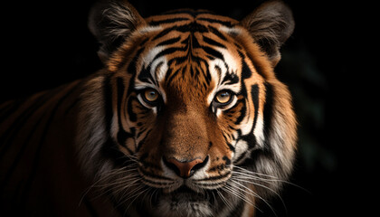 Fototapeta premium Majestic Bengal tiger staring with aggression in tropical rainforest generated by AI