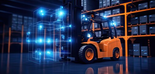 Forklift doing storage in warehouse by artificial intelligence automation. Robotics applied to industrial logistics. Distribution products, industrial and logistics companies, Commercial warehouse
