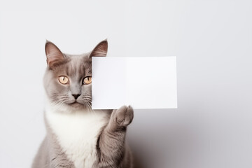 grey and white cat holding a blank poster sign mockup