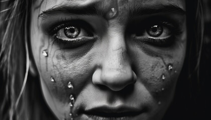 Naklejka premium Spooky beauty young woman wet eye reveals Halloween mystery generated by AI