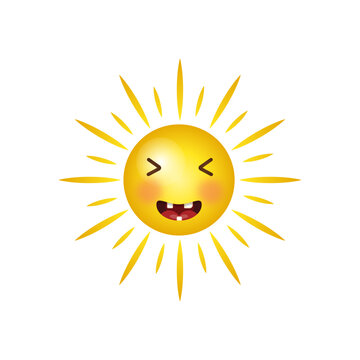 sun funny face emotion vector icon isolated on white, summer sunlight sky, bright sun.