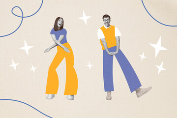 Abstract creative artwork collage of charming smiling guy lady enjoying event having fun isolated beige color background