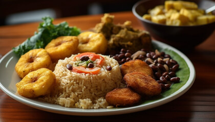 Fototapeta premium Gourmet meal on plate fried rice, meat, and vegetables generated by AI
