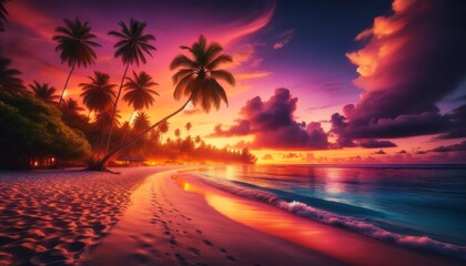 A Beach Awash in Sunset's Warmth, Palm Fronds Billowing as Waves Glow Orange-Pink Into Night Generated Image