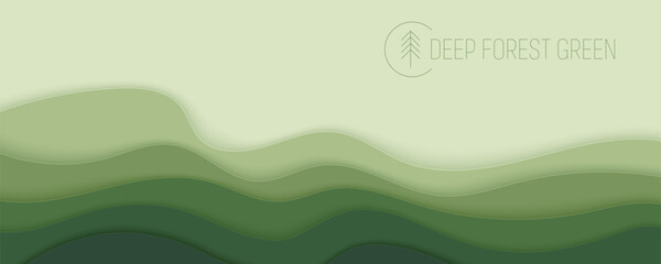 Deep forest green waves, paper art banner. Nature greenery color poster template in papercut style. Vector illustration EPS 10.