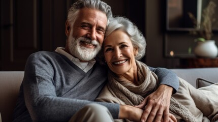 Caucasian senior couple enjoying relaxation on a bright sofa at home.