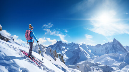 Portrait of a skier girl in helmet and ski goggles on background of snowy Alpine mountains. - Powered by Adobe