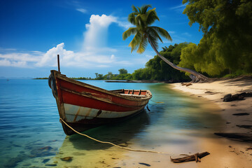 Naklejka na ściany i meble old longtail boat on the beach at paradise island. wallpaper or background for tourism and travelling ad campaign.