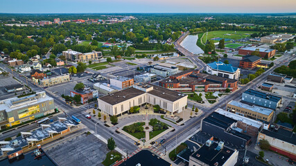 Downtown Muncie, Indiana aerial at dawn with courthouse