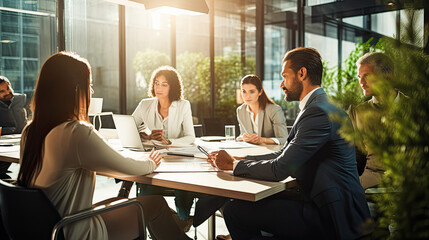 group of people discussing in minute meeting presentation at a conference in a friendly atmosphere in a modern office.