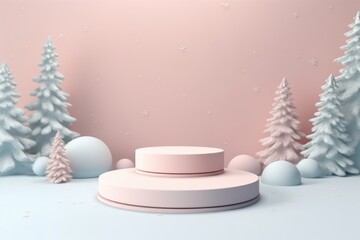 Merry Christmas banner with stage product display cylindrical shape and festive decoration for Christmas, snow background, promotion display, 3D rendering product display platform.