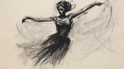 Black charcoal pencil drawing of a young active ballet dancing lady in white background with live performance  - obrazy, fototapety, plakaty