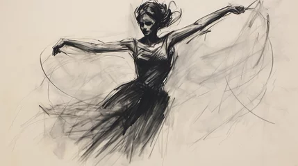 Muurstickers Black charcoal pencil drawing of a young active ballet dancing lady in white background with live performance  © Sudarshana