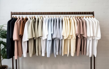 An elegant set of casual shirts hung neatly on hangers