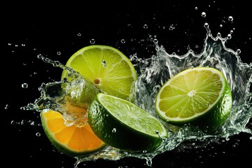  limes, oranges, and water splashing on a black background with a splash of water on the top of the image and bottom half of the image.