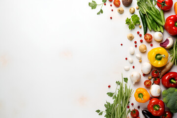 Layout of vegetables on a light background with space for text and design. - obrazy, fototapety, plakaty