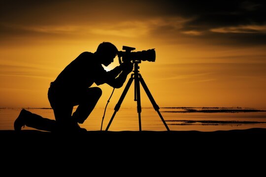  a man kneeling down to take a picture with a camera on a tripod in front of a body of water with the sun setting in the distance behind him.