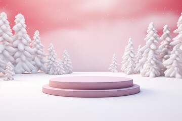 Merry Christmas banner with stage product display cylindrical shape and festive decoration for Christmas, snow background, promotion display, 3D rendering product display platform.