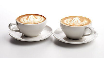 Two coffee cups with platte isolated in closeup on a stark white background