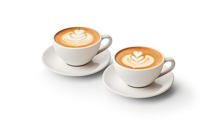 Two coffee cups with platte isolated in closeup on a stark white background