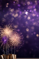 Gold and dark violet Fireworks and bokeh in New Year eve and copy space. Abstract background holiday