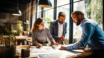 group of people discussing in minute meeting presentation at a conference in a friendly atmosphere in a modern office. - obrazy, fototapety, plakaty