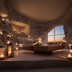 santorini inspired airbnb large open interior with natural feel light stone walls, cliff edge positioning, sea view, luxury interior, minimalistic, candles and gold ambiance but general dark aesthetic