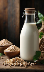 A bottle of soy milk and soy grains on a wooden table.