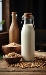 A bottle of soy milk and soy grains on a wooden table.