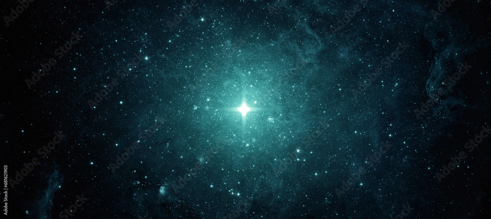 Wall mural beautiful night sky, star in the space. bright star on a background of the starry sky. collage on sp