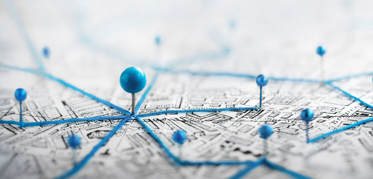Find your way. Location marking with a pin on a map with routes. Adventure, discovery, navigation, communication, logistics, geography, transport and travel theme concept background.