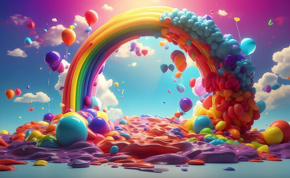 A colorful balloons rainbow and clouds party background.