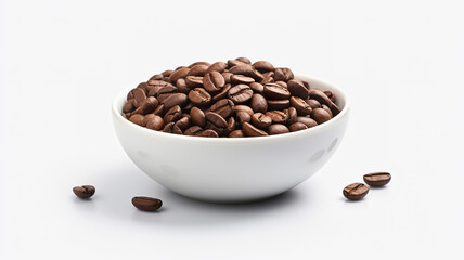 Obraz premium Dark coffee beans in a bowl with an isolated white background 