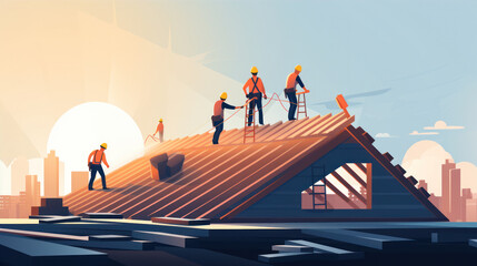 Roofing Experts: Workers installing roofing materials - obrazy, fototapety, plakaty