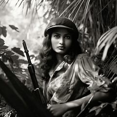 black and white 1940 photo, world war two era 24 year old pretty indian woman in british raj military uniform with a serious face expression in a deep tropical forest - obrazy, fototapety, plakaty