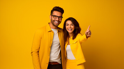 pareja feliz de latinos señalando en un fondo amarillo  - obrazy, fototapety, plakaty