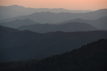 The mountains of the Great Smoky Mountains National Park as darkness approaches