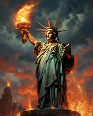 statue of liberty with a large flame torch, fire and smoke in background, Caricatures   - obrazy, fototapety, plakaty