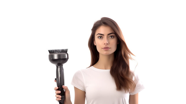 An isolated image of a female hairstylist with a hair dryer and brush on a stark white background 