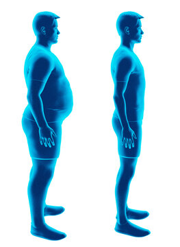 Illustration in holographic style contrasting a man before and after weight loss and exercise, revealing his transformation. PNG, isolated on transparent background, side view, profile shot.