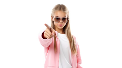 Girl with sunglasses pointing upwards, isolated on a stark white background 