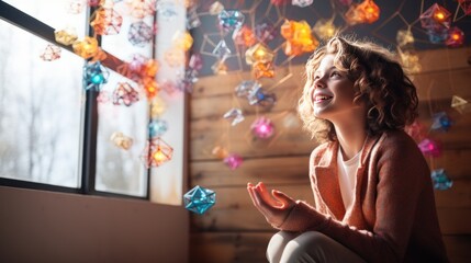 Girl with curly hair sitting near the window and playing with colorful crystals