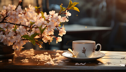 Naklejka na ściany i meble Coffee cup on wooden table with fresh flowers in vase generated by AI